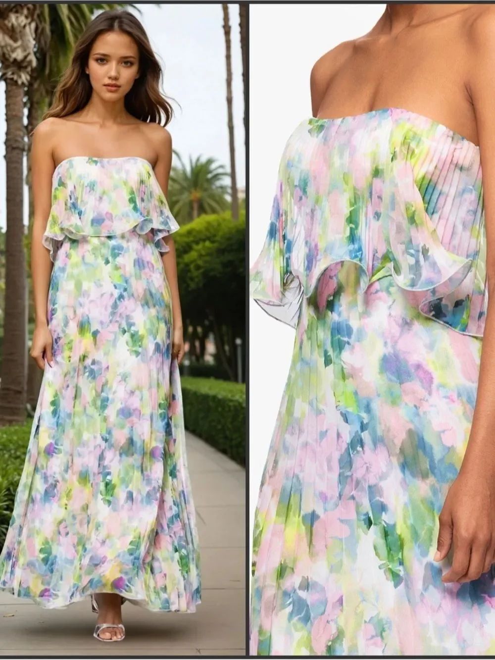 NWT Betsy & Adam Print Pleated Strapless Gown Size 8